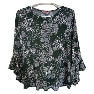 Amana Forest Green Blouse With White Flowers & Flowy Bell Sleeves Fairy Boho